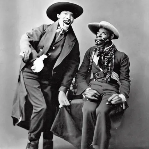 Prompt: king von laugh with fbg dug ( circa 1 9 0 1 ) in cowboy suit, theyre used red and blue bandana