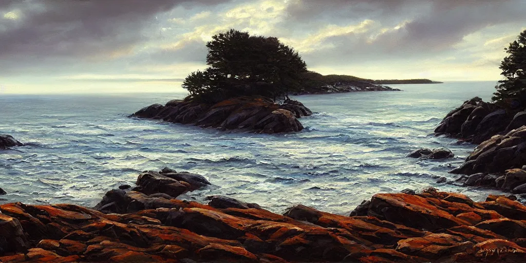 Prompt: rocky seashore, dawn, countryside, peter sculthorpe, painting, artstation