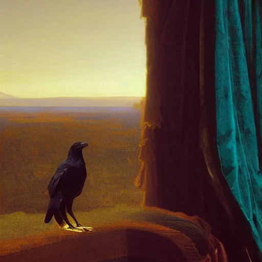 Image similar to a beautifully photoreal clear detailed victorian portrait of a close up raven on a victorian sill with an ornate velvet teal curtain at beautiful sunset daytime nature sunlit painting by frederic leighton and turner and rosetti, 8 k, octane render