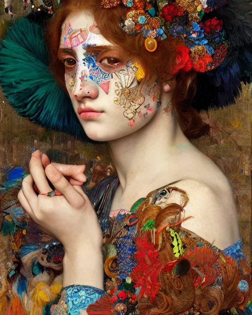 Image similar to a beautiful girl wearing colourful face paint surrounded by bright intricate patterns, by edgar maxence and caravaggio and michael whelan, intricate painting, hyper realistic, extremely detailed and beautiful aesthetic face, 8 k resolution