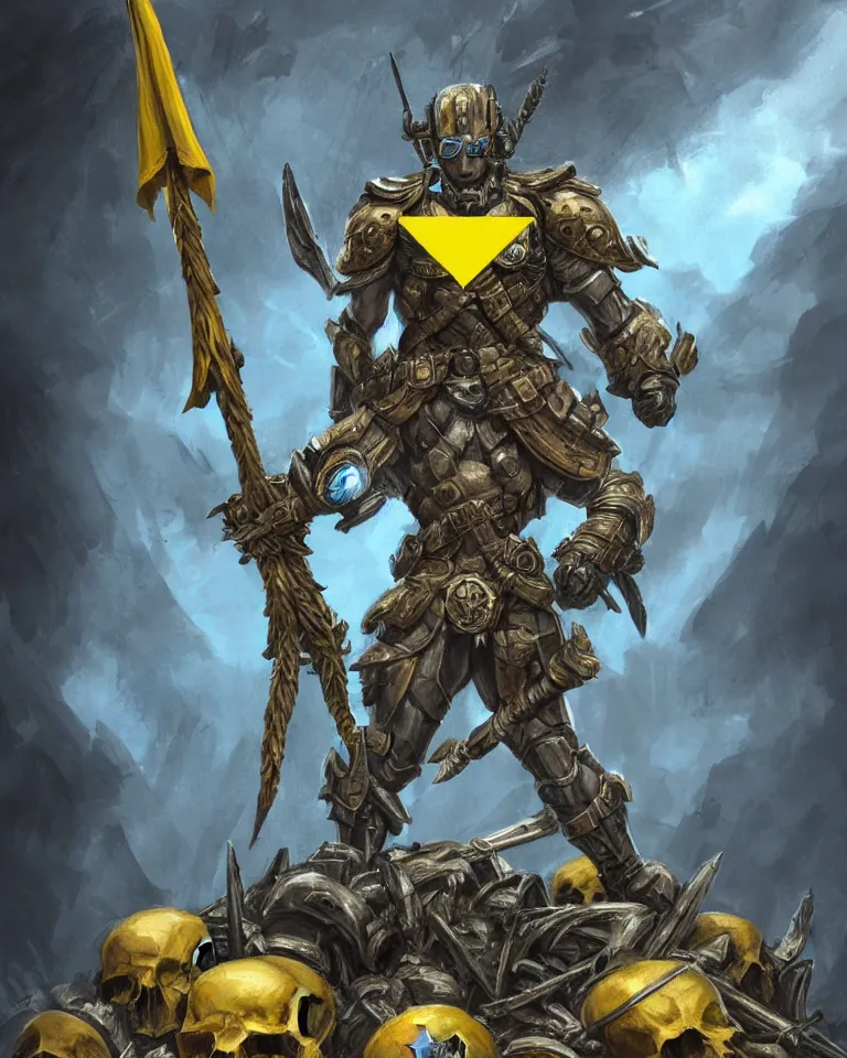 Prompt: a distant shot of one!!!!! single super soldier with blue and yellow flag and a trident symbol standing alone on a huge pile of skulls as a winner, masculine figure, D&D, fantasy, intricate, elegant, highly detailed, extremely detailed, digital painting, artstation, concept art, matte, smooth, sharp focus, illustration, art by Artgerm and Greg Rutkowski and Alphonse Mucha