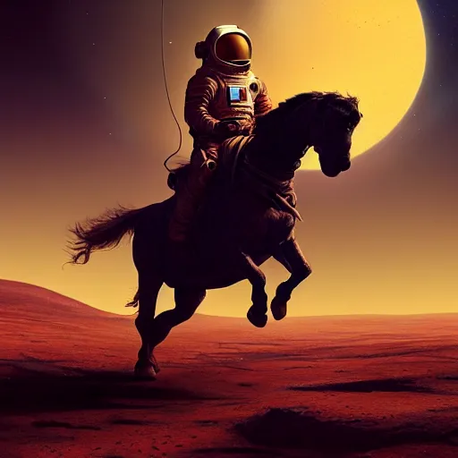 Image similar to centered portrait of the Astronaut riding a Horse in Mars, realistic character concept, high fantasy, light atmosphere, golden ratio, wide shot, cinematic lighting, hyperdetailed, high detailed, high resolution, insanely detailed and intricate, artstation, Marc Simonetti, Greg Rutkowski, octane render, unreal engine, 8k