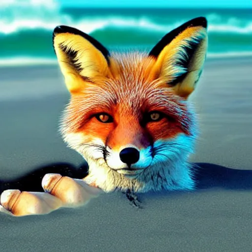 Image similar to fox chilling on the beach, photo, vaporwave