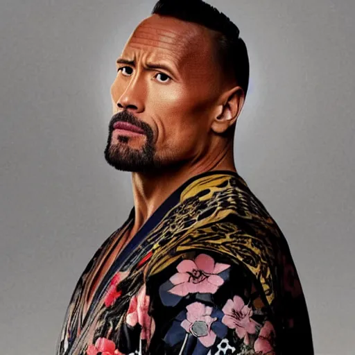 Image similar to Dwayne Johnson as Edo samurai , wearing kimono