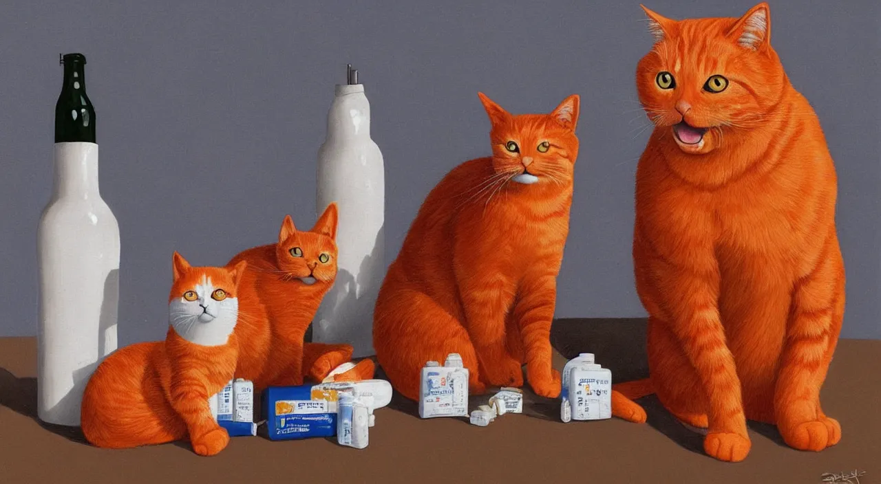 Prompt: An orange cat is smiling, 2 bottles of medicine next to the cat, hyper realistic, highly detailed, retrofuturism,