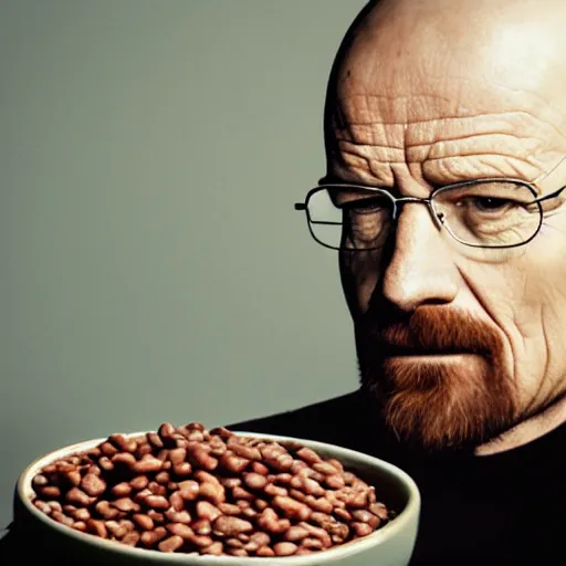 Image similar to walter white eating black beans, photography,