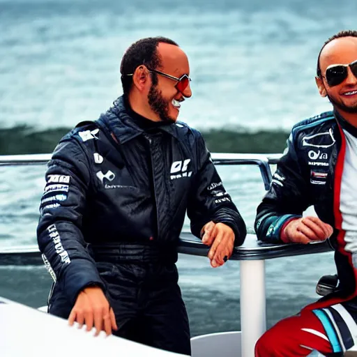 Image similar to character torrente and lewis hamilton on a boat