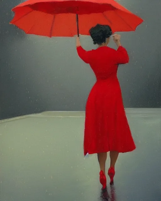 Image similar to a jack vettriano portrait painting of a woman wearing a red dress dancing in the pouring rain