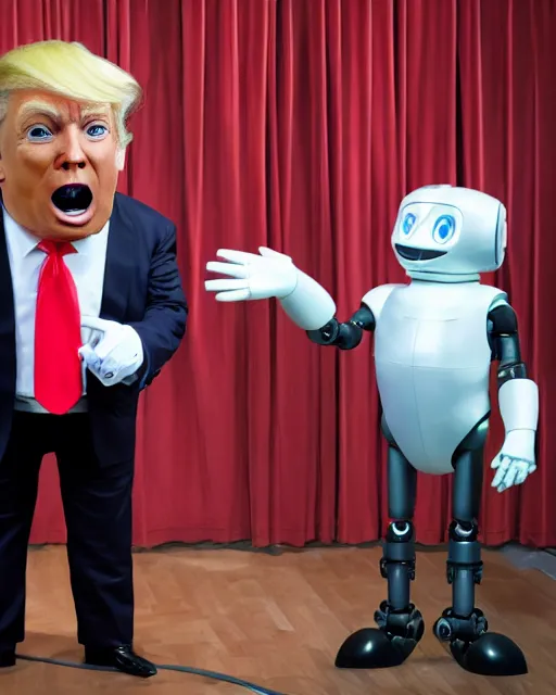 Image similar to Donald Trump as an animatronic Robot, Hyperreal, highly detailed hands and Face, Full Body, Studio Lighting, in the Style of Disney Imagineering