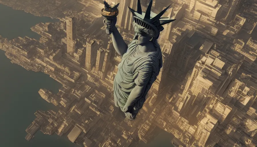 Prompt: The Statue of Liberty replaced by the Colossus of Rhodes, hyperdetailed, artstation, cgsociety, 8k