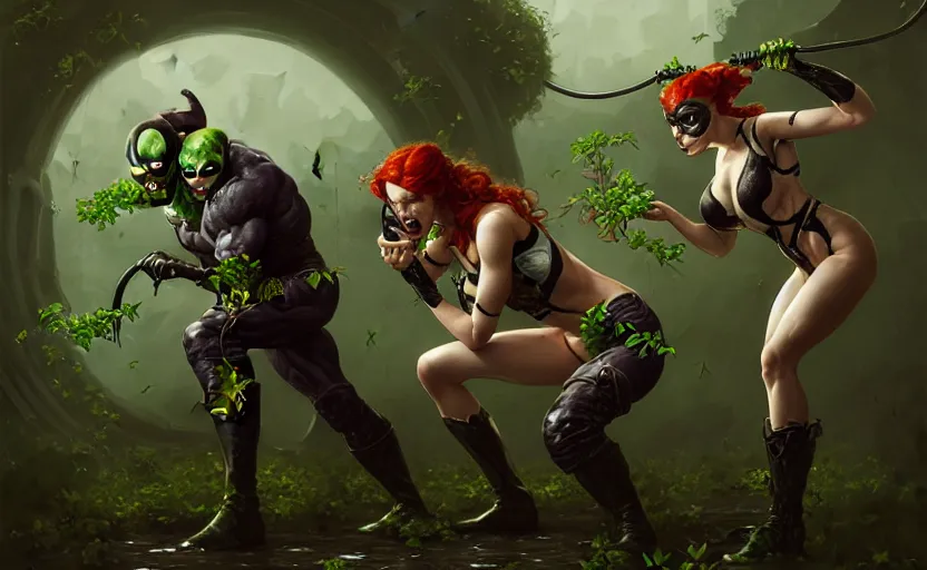 Image similar to poison ivy and Bane fighting, battle pose, illustration, realistic eyes, artstation, cinematic lighting, hyperdetailed, detailed realistic symmetrical eyes, cgsociety, 8k, high resolution, Charlie Bowater, Tom Bagshaw, Norman Rockwell, insanely detailed and intricate, sewer background