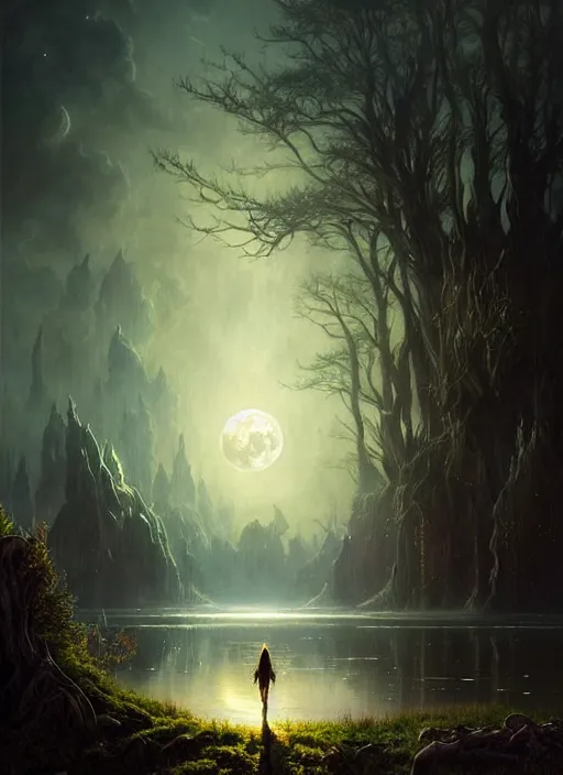 Prompt: fantasy book cover, full moon, fantasy bayou landscape, iridescent elements, fantasy magic, no human, dark light night, intricate, elegant, sharp focus, illustration, highly detailed, digital painting, concept art, matte, art by WLOP and Artgerm and Greg Rutkowski and Albert Bierstadt, masterpiece