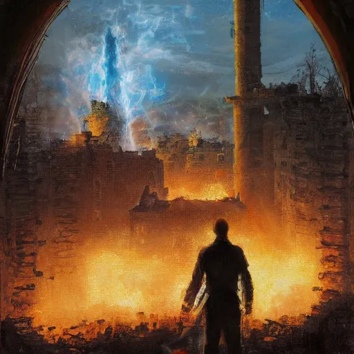 Prompt: Oil painting of a man overlooking town ruins, ashes, Landen Belgium watertower burning, D&D, Magic The Gathering, by Craig Mullins, intricate details, light rays from the surface, Nekro, Victo Ngai, centered, volumetric lighting