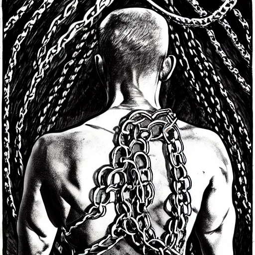 Image similar to A PORTRAIT FROM BEHIND OF A MAN ,THE THE MAN IS WRAPPED IN CHAINS ,detailed, concept art, ink style , sketch