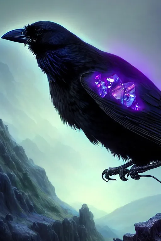 Image similar to portrait of a beautiful one raven perched on purple crystals that are glowing in a misty valley, establishing shot, extremly high detail, foto realistic, cinematic lighting, by yoshitaka amano, ruan jia, kentaro miura, artgerm, post processed, concept art, artstation, raphael lacoste, alex ross