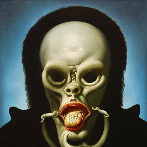 Image similar to oil painting with black background by christian rex van dali todd schorr of a chiaroscuro portrait of an extremely bizarre disturbing mutated man with acne intense chiaroscuro obscuring features lighting perfect composition masterpiece