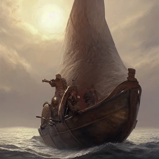 Prompt: a portrait painting of a viking ship, digital painting, hyper realistic, nordic mythology, full of details, in the style if greg rutkowski,