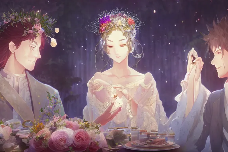 Image similar to a dreamlike portrait of wedding close up moment of a divine a japan sun god and moon goddess lovers magician at a wedding banquet. highly detailed, digital painting, fantasy wedding screen, 8 k realistic, hyper detailed, by makoto shinkai and akihiko yoshida and hidari and wlop