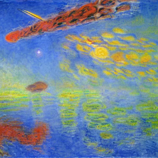 Prompt: painting of the extinction of the dinosaurs with asteroid and fire, in the style of claude monet