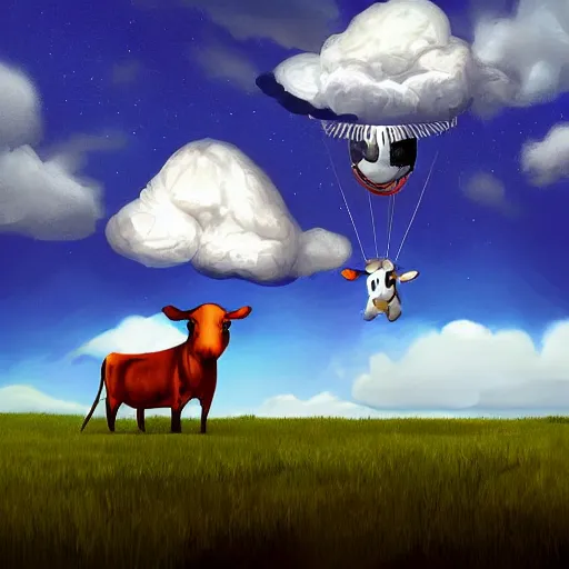 Prompt: digital art, trending on artstation, a cow wearing a cape flying in the sky with clouds