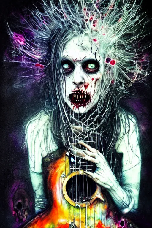 Image similar to zombie punk rocker playing guitar by agnes cecile, brian froud, intricated details, 3 / 4 view, full body portrait, extremely luminous bright design, horror, pastel colours, toxic drips, autumn lights