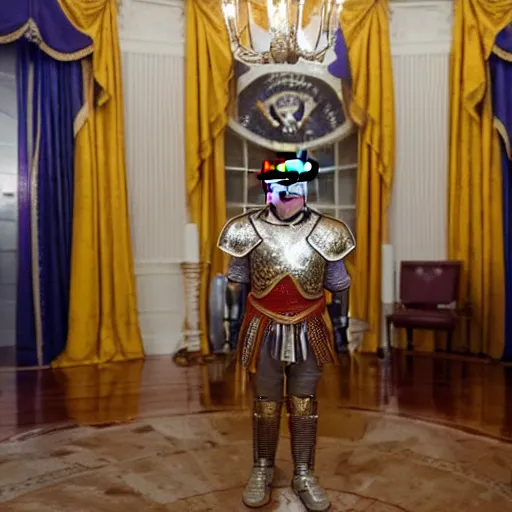 Image similar to cinematic shot of donald trump wearing ancient roman military armor in the white house, 8 k, very detailed, very intricate,