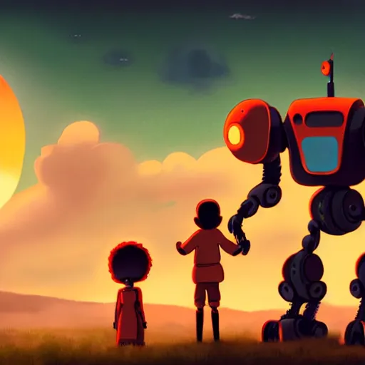 Prompt: a photo of a robot protecting a child during the apocalypse by laika studios, detailed, dynamic perspective, ghibli - style, disney - style, orange sky, realistic shading, mixed media