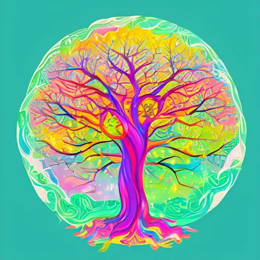 Prompt: world tree yggdrasil, lisa frank, clean cel shaded vector art. shutterstock. behance hd by lisa frank, illustration