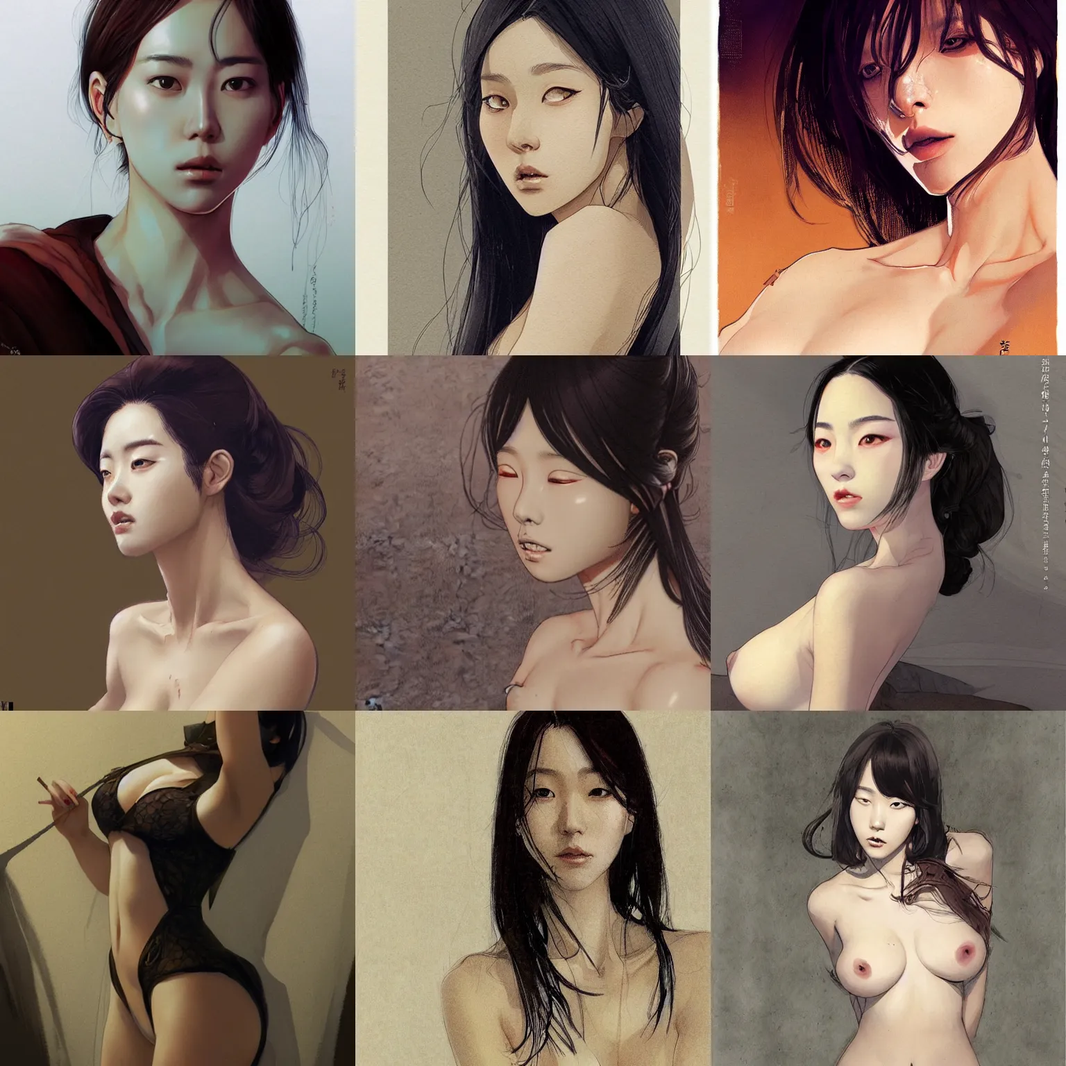 Prompt: portrait of hoyeon jung by milo manara gi, greg rutkowski, zabrocki, karlkka, jayison devadas, seductive look, beautiful