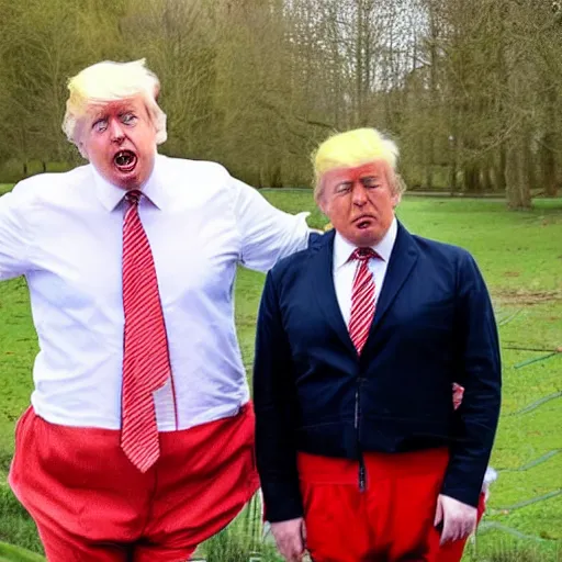 Prompt: Boris Johnson and Donald Trump as tweedle dee and tweedle dum