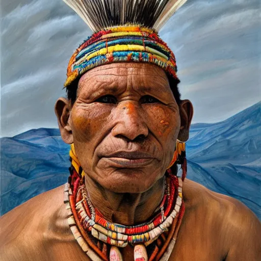 Image similar to high quality high detail painting by lucian freud, hd, full body of a indigenous tribe leader, photorealistic lighting