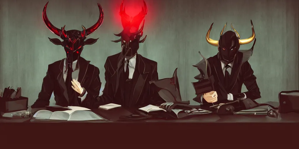 Image similar to dark lord sitting at desk large horns and suit, medium shot, portrait, semi realistic anime, red demon cyberpunk symbols