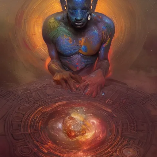 Prompt: an african cosmic god bending space time, watchmen, dim light, bloom, front game card, marvel comics, dark, intricate, highly detailed, smooth, artstation, digital illustration by ruan jia and mandy jurgens and artgerm and wayne barlowe and greg rutkowski and zdislaw beksinski, and adi granov