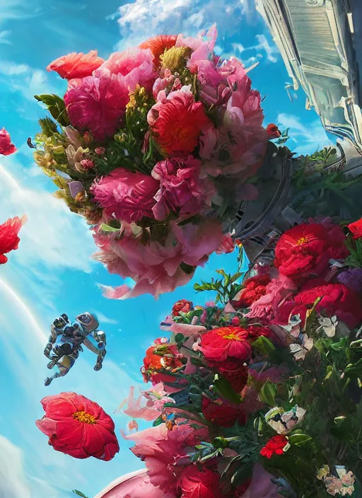 Image similar to An epic fantastic realism comic book style painting of the most beautiful flowers launched into space, bouquets, fisheye lens, unreal 5, DAZ, hyperrealistic, octane render, dynamic lighting