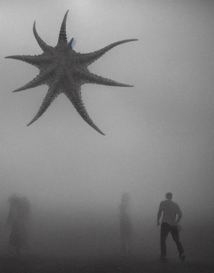 Image similar to very low - resolution found footage of a couple escaping in the city from a starfish kaiju monster, fog, foggy, korean film noir, monochrome, red hue, thriller, underdeveloped, epic, dramatic