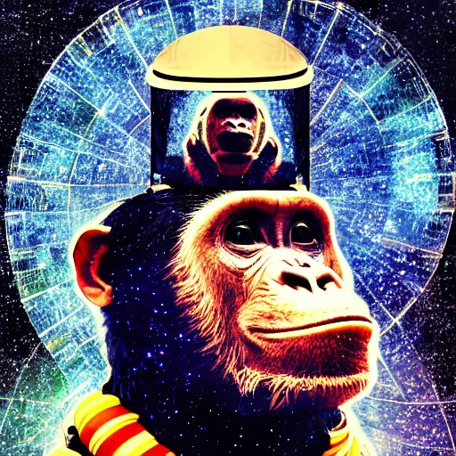 Prompt: double exposure portrait of one humanastronaut and one other chimpanzee astronaut with space and time in the the background by davinci, circles, psychedelic, pencil art, high definition, dynamic lighting stars, sharpness, golden ratio