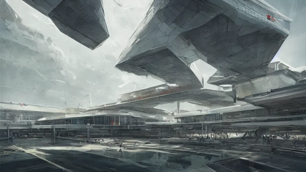 Image similar to brutal architecture science-fiction airport white city in full light of summer, Federico Pelat, artstation