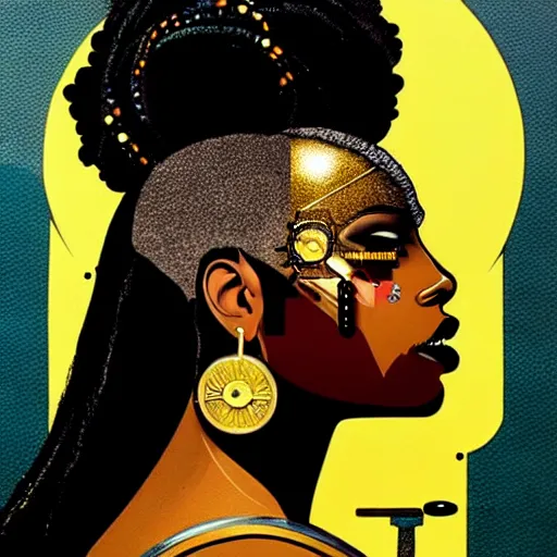 Prompt: side profile of a black woman :: in ocean :: clockwork details :: gold :: blood and horror :: by vikings and Sandra Chevrier