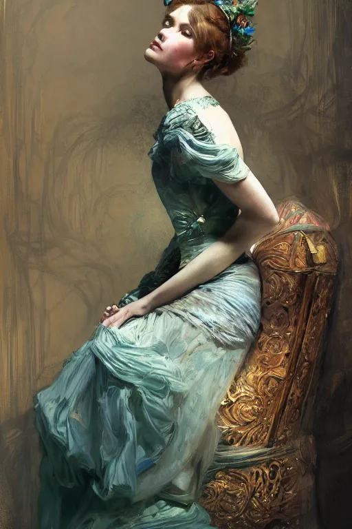 Prompt: an intricate artistic pose painting of a beautiful young victorian lady with an artistic pose wearing a beautiful velvet dress, hyper detailed, octane render, vivid colors, artstation, by jeremy mann, alphonse mucha, by boris vallejo