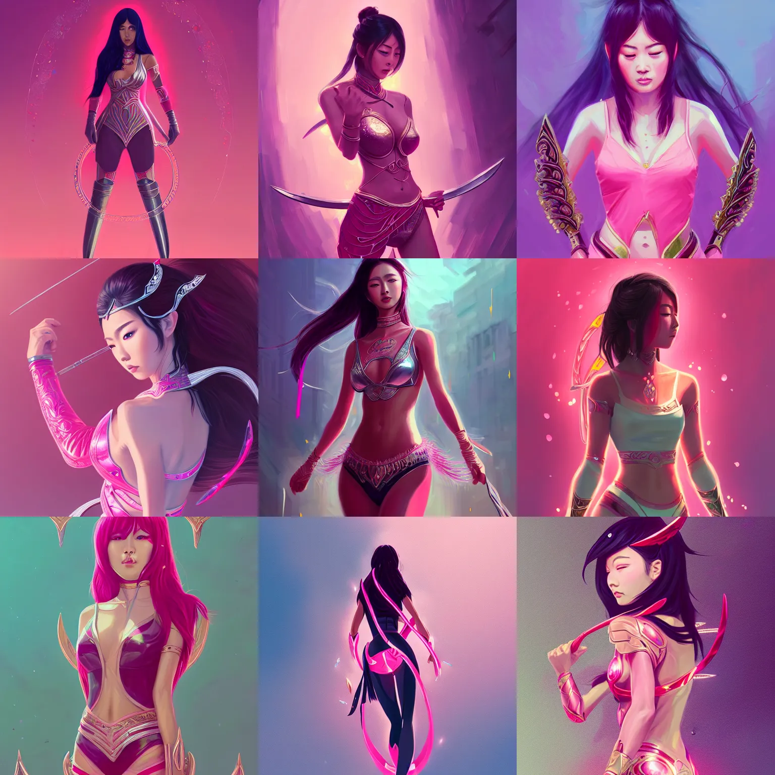 Prompt: irelia, the blade dancer, wearing pink bodysuit with metal ornaments, asian descent, highly detailed, sharp focus, artstation, digital painting, by alena aenami