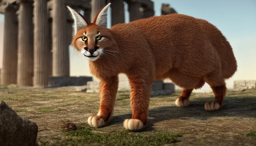 Image similar to wooden barrel on one side, fullbody photo of cute fluffy caracal in it, ancient greek city, sunny day, by ilya kuvshinov, rtx rendering, octane render 1 2 8 k, maya, extreme high intricate details by tom bagshaw, medium shot, close up shot, composition by sana takeda, lighting by greg rutkowski