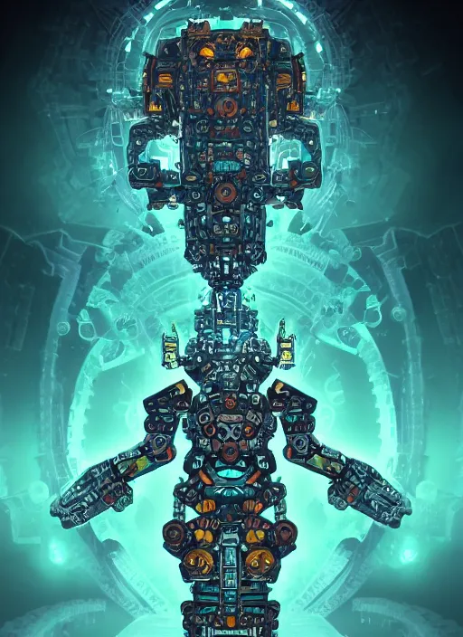 Image similar to mech warrior with complex fractal aztec Ornaments, neural link to an interdimensonal Portal, trending on artstation