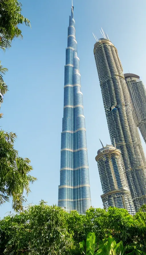 Prompt: the burj khalifa in a beautiful green metropolis surrounded by plants, trees and greenery.