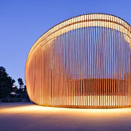 Prompt: a circular arena made from beautiful wood, by shigeru ban, circular steps, central pavillion, great architecture, outside view, magazine photography, clean design, minimalistic, ambient beautiful light