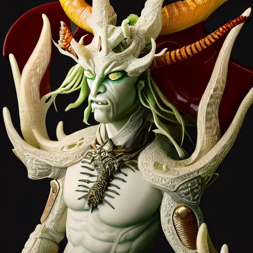 Image similar to a closeup portrait photo, alabaster and jade real delicate ceramic porcelain sculpture of an ornate detailed humanoid dragon demon devil god in front of an intricate background by rafael, micro detail, backlit lighting, subsurface scattering, translucent, thin porcelain, emerald, flames, amber, octane renderer, colorful, physically based rendering, trending on cgsociety