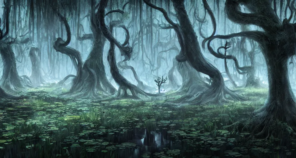 Image similar to A dense and dark enchanted forest with a swamp, by Pixar Concept Artists