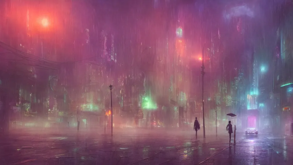 Prompt: a surreal dreamlike scene of a lone ghostly spirit wisp floating through a colorful alien city at night, somber melancholic matte painting, light rain, highly detailed oil painting, liminal space, 8k, stillness, solitude, soft calm warm neon atmosphere, masterpiece