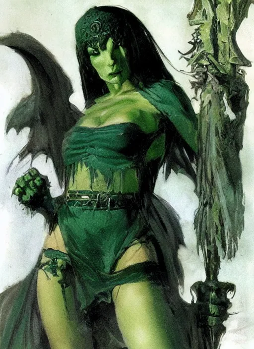 Image similar to ample female necromancer sorceress, green tiara, strong line, deep color, beautiful! coherent! by frank frazetta, by brom, low angle