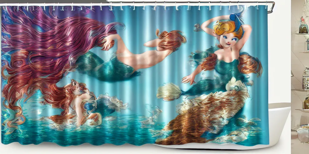 Image similar to a main coon kitten little mermaid themed shower curtain, product photography. digital art. 4 k, highly detailed.