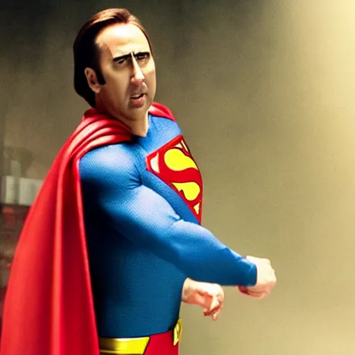 Prompt: film still of Nic Cage as Superman